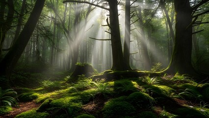 Sunbeams Through Mossy Trees A Serene Forest Landscape