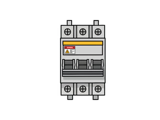 Illustration of an electrical circuit breaker with warning signs, designed for power systems and equipment