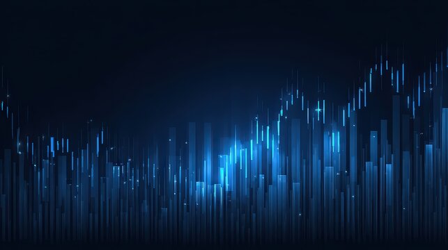 Digital Abstract Chart with Rising Blue Bars on Dark Background Technology Concept Visualization with Vertical Columns and Data Points for Financial Analysis