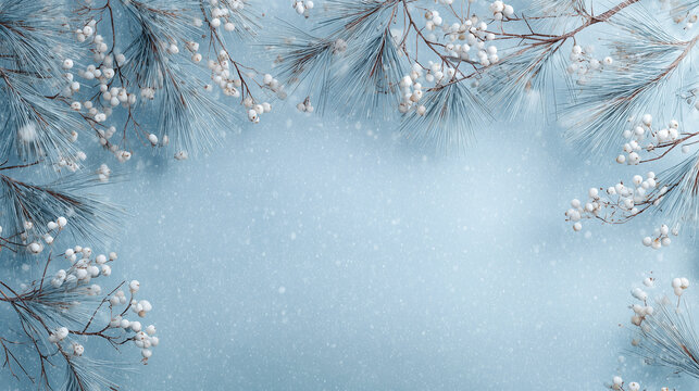 Nordic-inspired winter background, frosty pine branches and white berries along the corners, cool blue and silver palette, soft falling snow, serene and calm mood