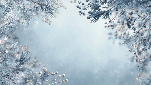 Nordic-inspired winter background, frosty pine branches and white berries along the corners, cool blue and silver palette, soft falling snow, serene and calm mood