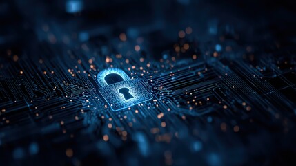 Glowing Padlock Icon on Digital Circuit Board in Dark Background Demonstrating Cyber Security