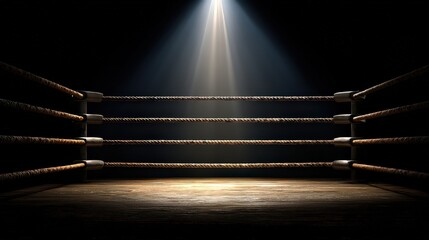 Illuminated Boxing Ring with Four Ropes and Spotlight in Dark Background with Dust Particles Creating a Dramatic Sports Ambiance