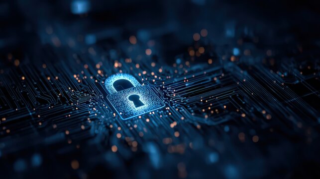 Glowing Padlock Icon on Digital Circuit Board in Dark Background Demonstrating Cyber Security - Powered by Adobe