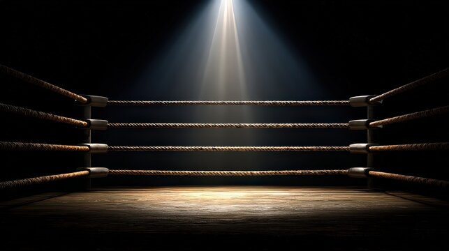 Illuminated Boxing Ring with Four Ropes and Spotlight in Dark Background with Dust Particles Creating a Dramatic Sports Ambiance - Powered by Adobe