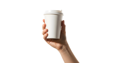 Hand holding a white coffee cup against a black background