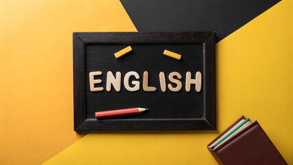English Subject Blackboard Illustration Wooden Letters, Chalk, Pencil & Book on Geometric Background.