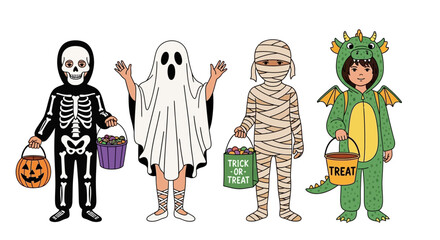 Set of four cute children in Halloween costumes including a skeleton, ghost, mummy, and dragon trick-or-treating