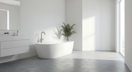 Modern bathroom interior with white walls, a tub, vanity, and a plant near a large window