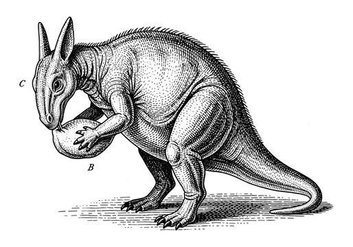 Vintage dinosaur engraving with detailed textures and classic style