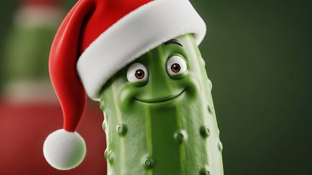 Adorable Christmas pickle character wearing Santa hat, ready for holiday