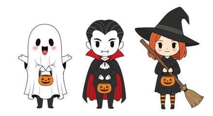 A charming collection of cute cartoon Halloween characters featuring a friendly ghost, a little vampire, and a young witch