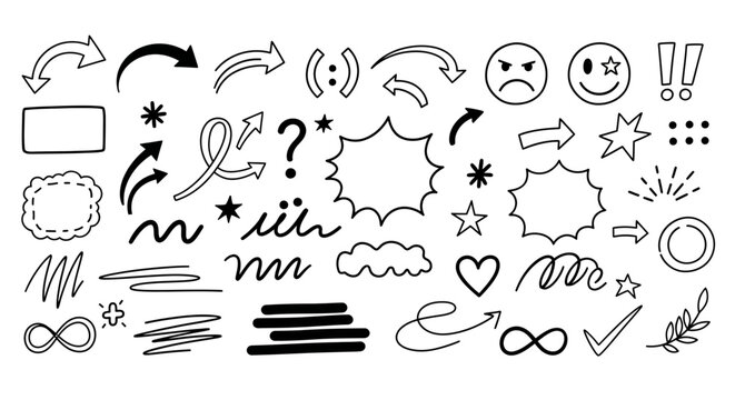 A versatile collection of hand-drawn vector doodle elements including arrows, emphasis marks, and sketchy shapes for design projects