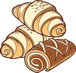Delicious croissants and chocolate roll