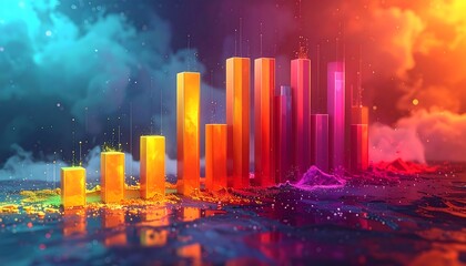 Colorful bars rise from a textured surface under a cloudy, gradient sky, creating a vivid, abstract cityscape