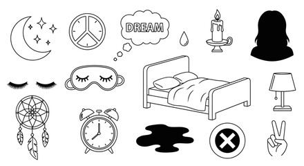 A diverse collection of black and white doodle icons representing sleep, dreams, and nighttime themes. Vector set for creative graphic design projects © Hussnain