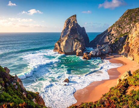 Stunning coastal view with beach, cliffs, ocean waves under blue sky - Powered by Adobe