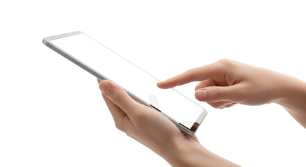 Hands holding and touching a silver tablet device on black background