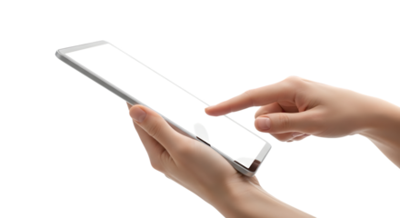 Hands holding and touching a silver tablet device on black background