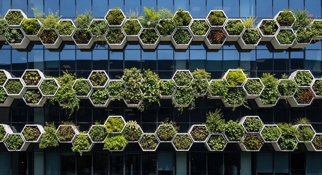 Dynamic green facade of a contemporary urban building, featuring a captivating vertical garden with an array of hexagonal planters promoting ecological and sustainable architectural design