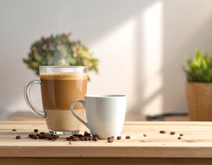Two coffee cups on a wooden table, with bean accents