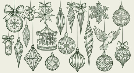 A beautiful collection of hand-drawn vintage Christmas tree ornaments and decorations in an elegant engraved illustration style