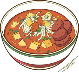 Bowl of hearty soup with tofu, sausage, and noodles in a white bowl