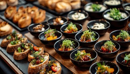 Assortment of gourmet appetizers and small bites arranged on a catering display