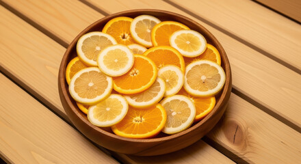 Freshly sliced citrus fruits arranged in a wooden bowl on a warm wooden surface, creating a vibrant and inviting atmosphere for relaxation and wellness