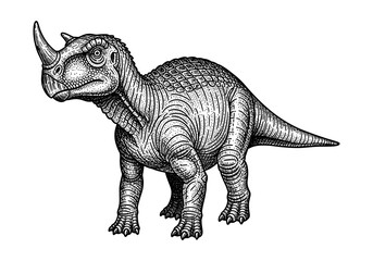 Vintage engraved dinosaur with horns in black and white artwork