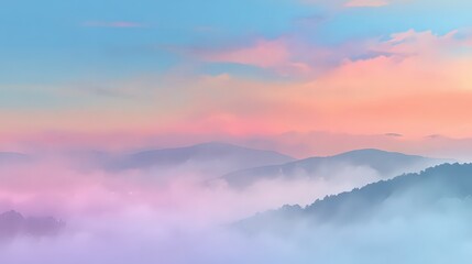 Fototapeta premium Panoramic Vista of Mountainous Terrain with Foggy Atmosphere under a Pastel Hued Sky