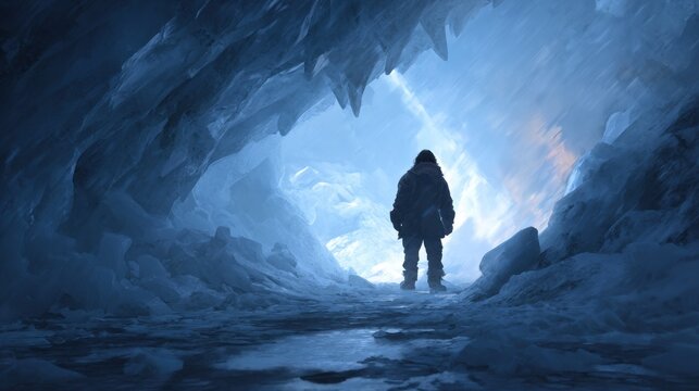 Explorer standing in a vast blue ice cave