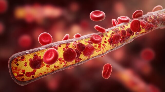 Cholesterol Buildup in Arteries Shown With Red Blood Cells Highlighting Heart Disease Risk - Powered by Adobe