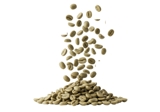hundreds of vibrant mint-green arabica coffee beans, detailed and smooth, cascading mid-air over a shallow pile on a transparent infinity backdrop. concept for premium coffee advertising