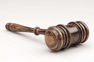 Wooden Gavel with Dark Grain Details on White Background Still Life in Horizontal Composition and Courtroom Law Theme