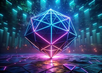 Glowing geometric crystal sculpture in futuristic neon lighted environment