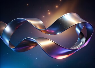 Abstract metallic ribbon twisting through cosmic light and particles