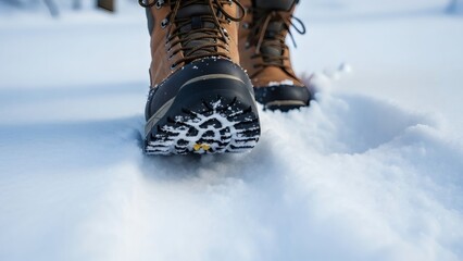 Hiking Boots Walking Through Deep Fresh Snow In Winter Season