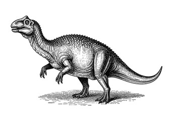 Fototapeta premium Detailed hand drawn dinosaur art featuring an iguanodon on white background with intricate linework