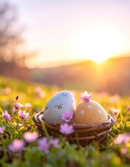 Two decorated eggs in a nest with wildflowers and sun in background