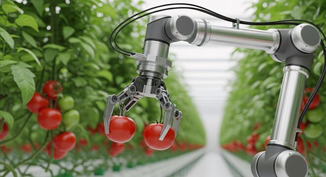 Advanced robotic arm precisely picking ripe red tomatoes within a modern, controlled greenhouse environment, illustrating innovative smart agriculture and future farming technology