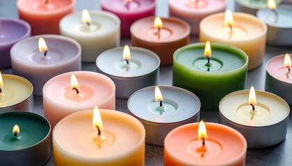 Colorful candles on a grey surface create a warm glow and soothing ambience in a serene setting