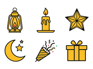 Fototapeta premium Golden Celebration Icons Set: Lantern, Candle, Star, Moon, Popper, Gift Box