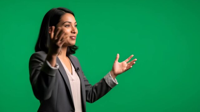 Woman presenter speaks with open hands on green screen for chromakey background replacement in a video sequence