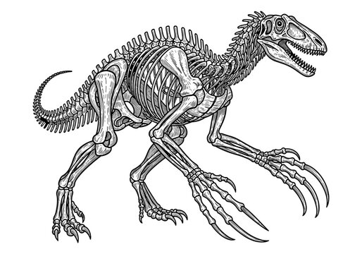 Detailed t-rex skeleton line art illustration for educational and decorative uses