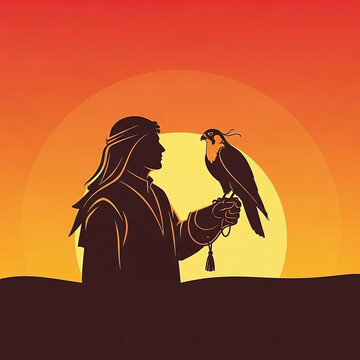 A captivating silhouette of a traditional falconer with his majestic bird against a vibrant sunset.