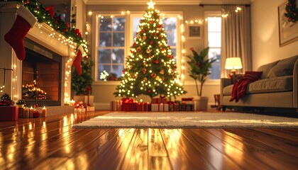 Cozy Winter Holiday Living Room with Illuminated Christmas Tree and Fireplace