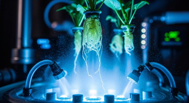 Futuristic hydroponic cultivation system nurturing healthy plants with advanced technology and glowing blue light, showcasing innovative sustainable agriculture for food production - Powered by Adobe
