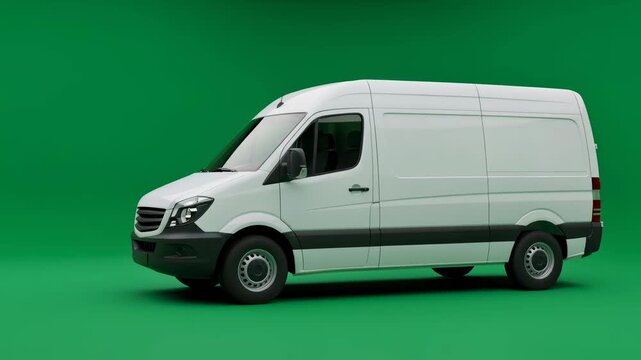 White delivery step van moving left to right on green screen. Vehicle chroma key with blank side for advertisement. Cargo transportation concept