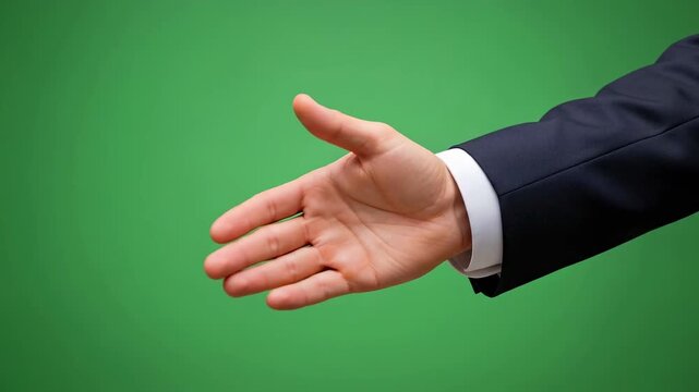 Man hand opening from a closed fist to an open palm on a green screen. Gesture of giving or receiving, for chromakey advertising.